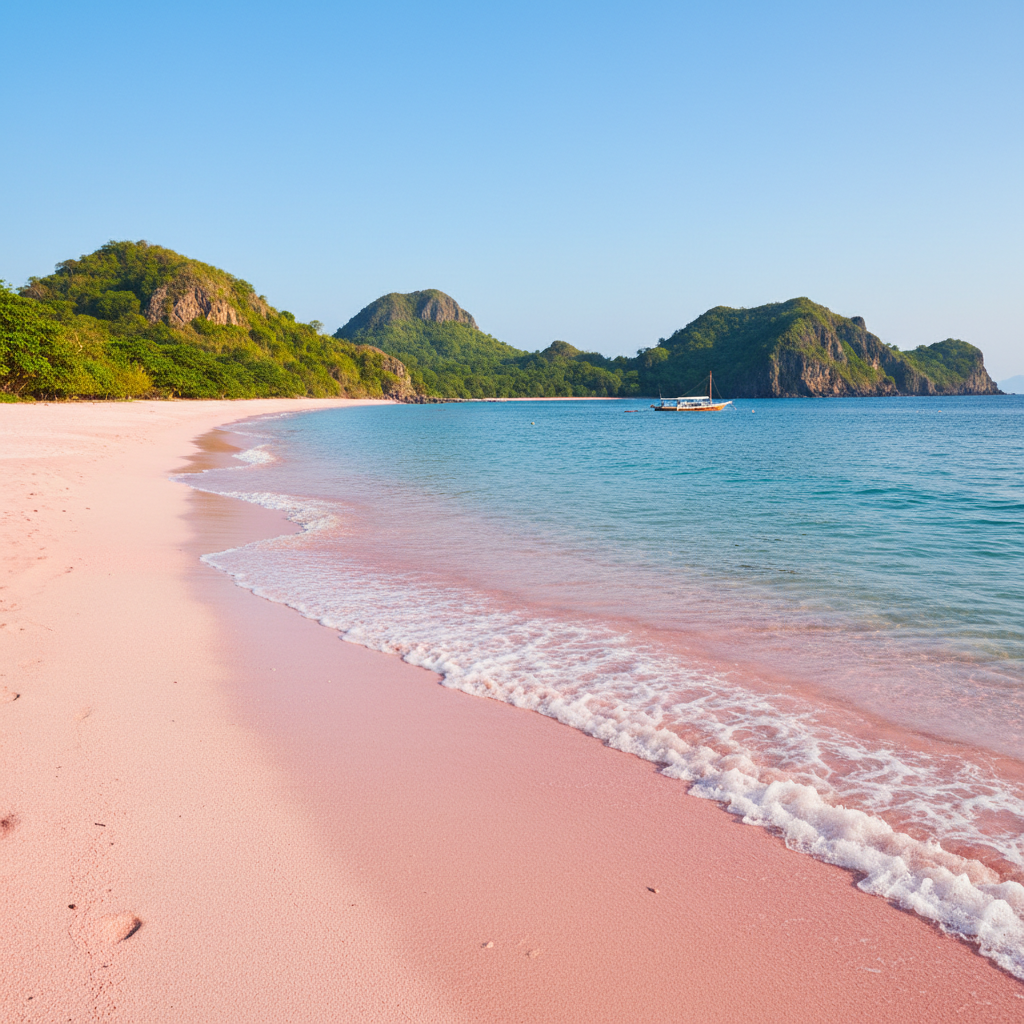 Pink sand beach on Komodo Island with turquoise water Indonesia