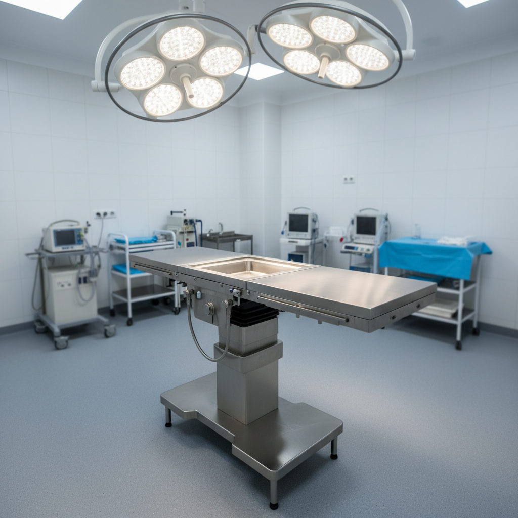 Clean veterinary surgery suite with stainless steel table and overhead surgical lights