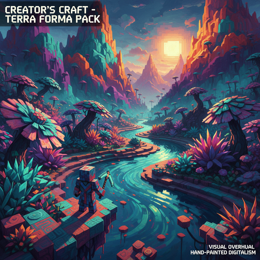 Colorful pixelated landscape in a video game environment with blocky terrain