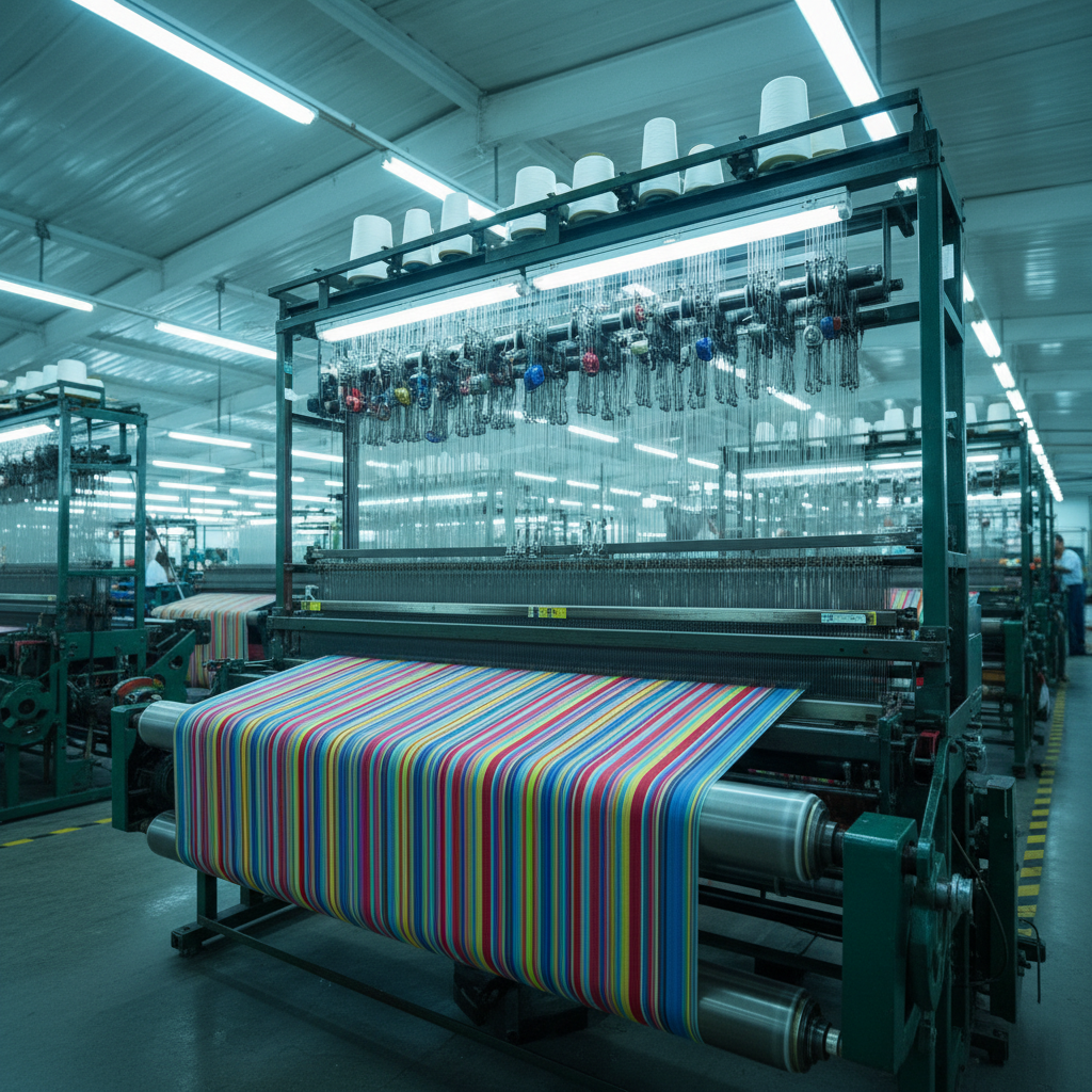 Textile weaving machine producing striped fabric, machinery in motion, factory floor