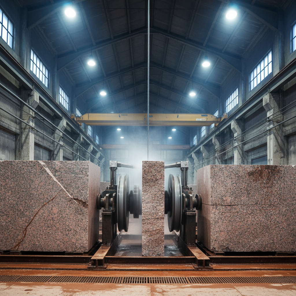 Industrial stone cutting facility with diamond wire saw slicing granite blocks into slabs