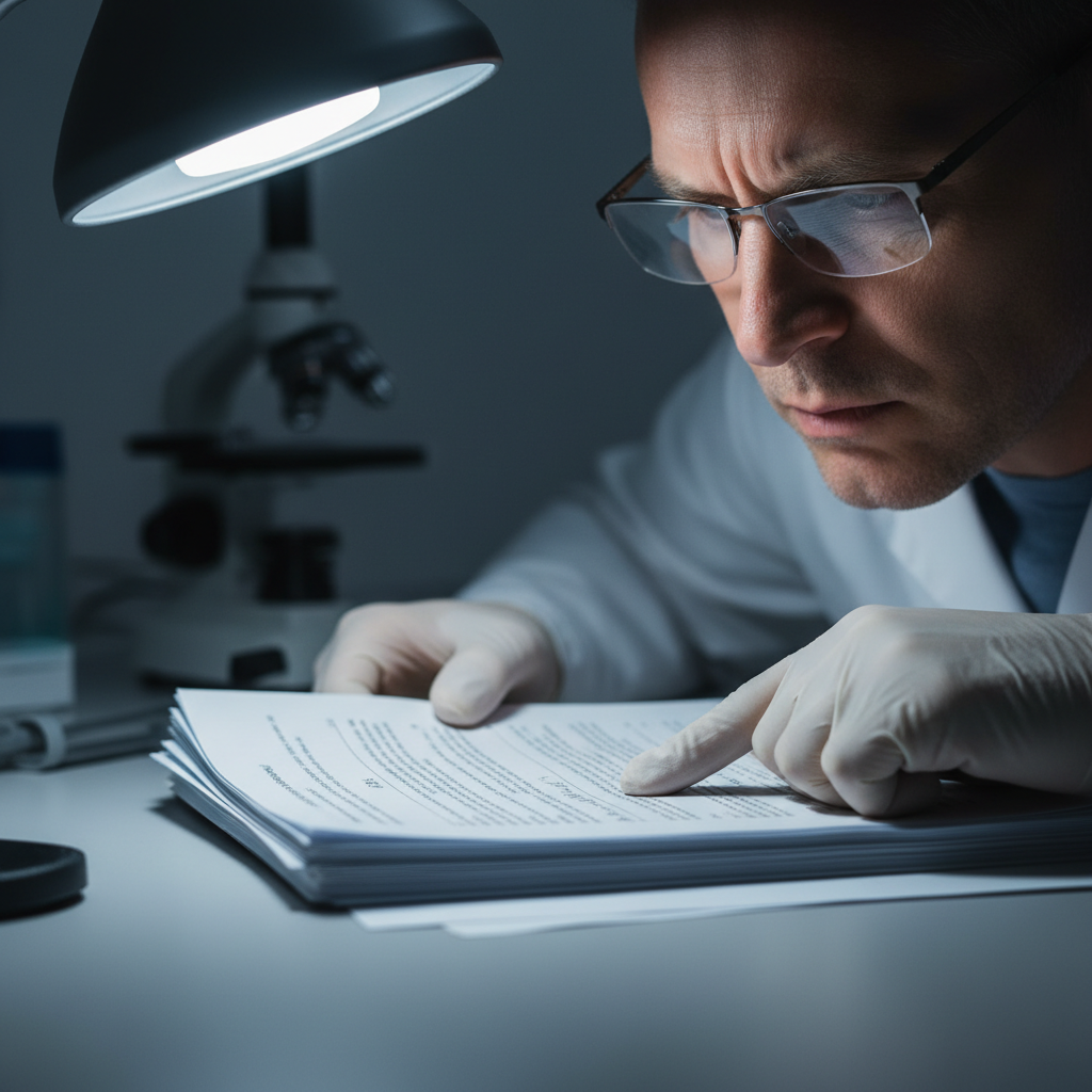 Medical examiner reviewing clinical documentation under bright light