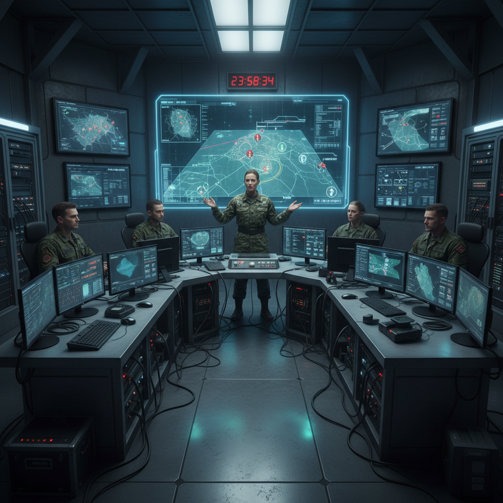 Military commander briefing a team in an operations center