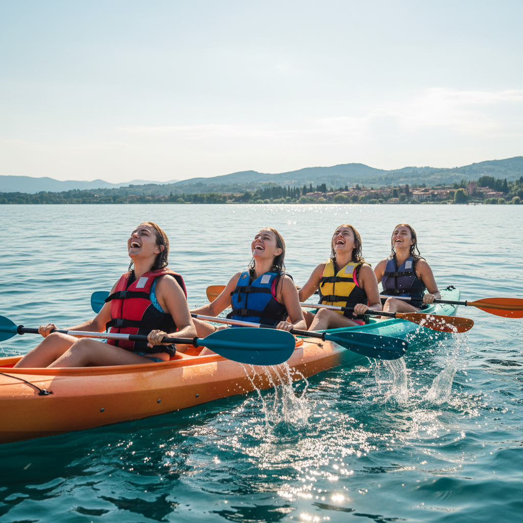 Ragazze su kayak che ridono e si divertono sul Lago di Bracciano in una giornata estiva
