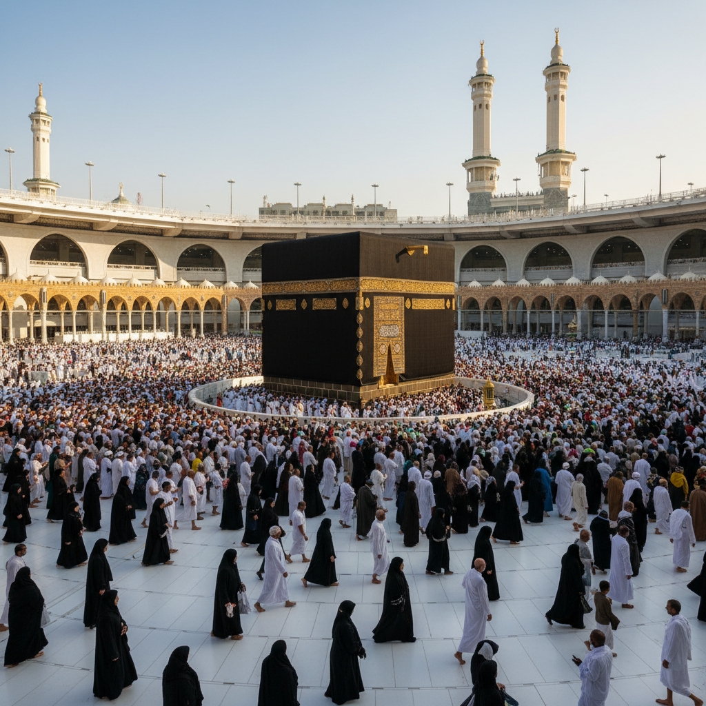 Masjidil Haram Mekkah dengan ribuan jamaah haji dan umrah melaksanakan ibadah tawaf