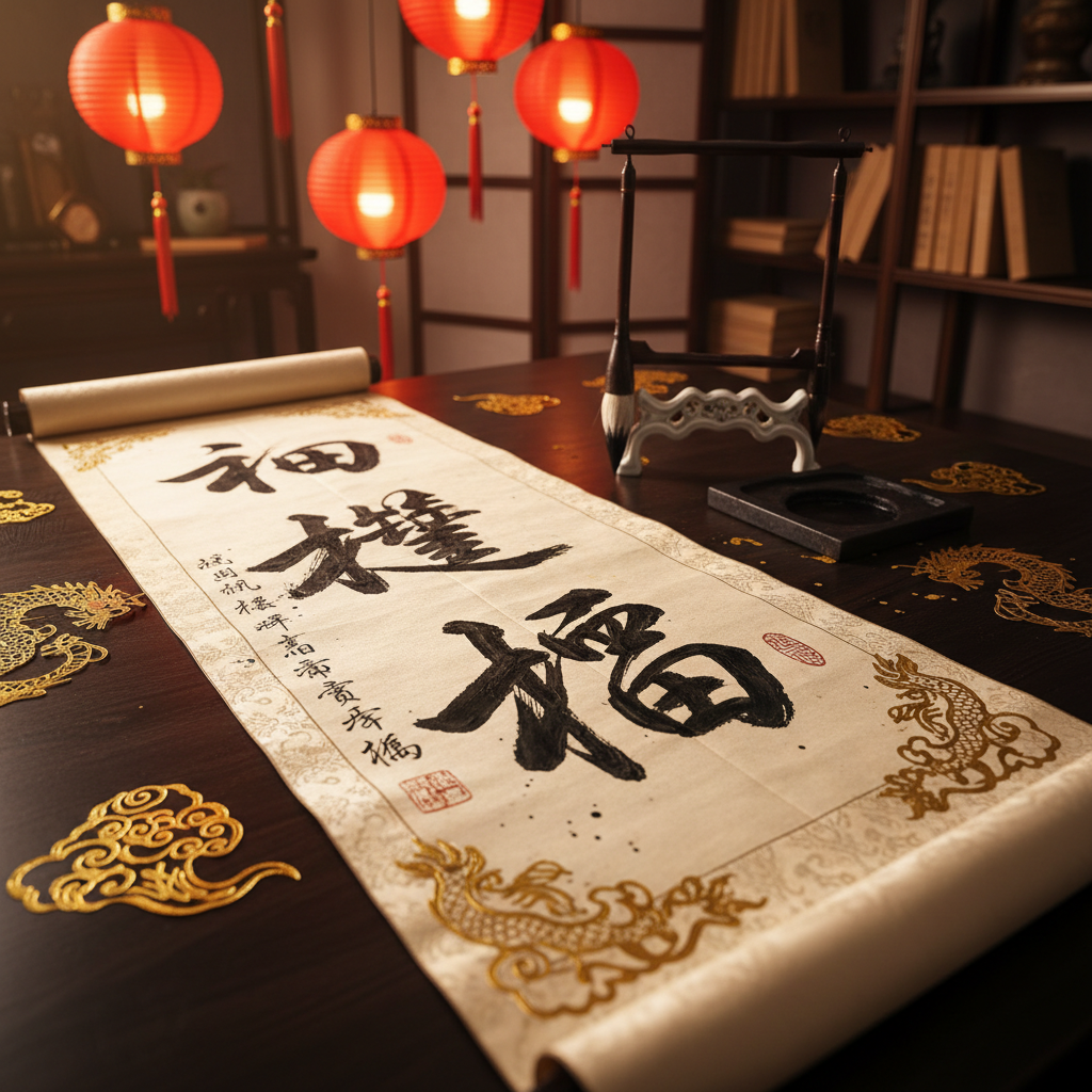 Hand-brushed Chinese calligraphy scroll with red silk lanterns and gold foil decorations at elegant venue