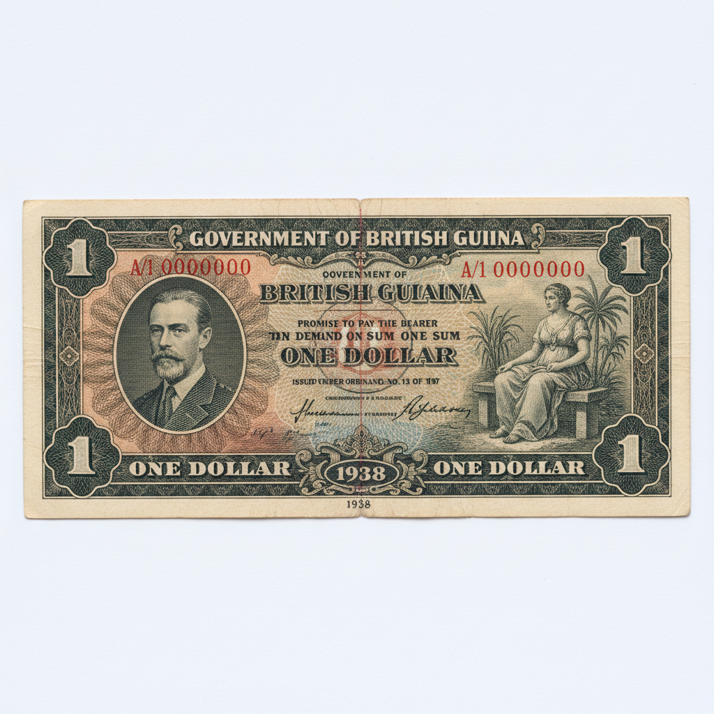 Pre-independence British Guiana one dollar banknote from 1938 in about uncirculated condition