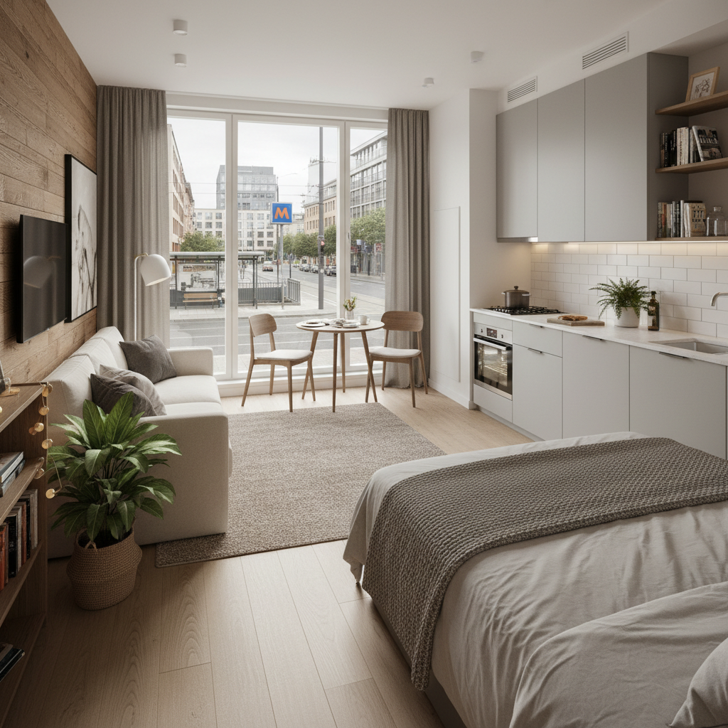 Interior moderno de studio compacto com decoração contemporânea e janelas amplas