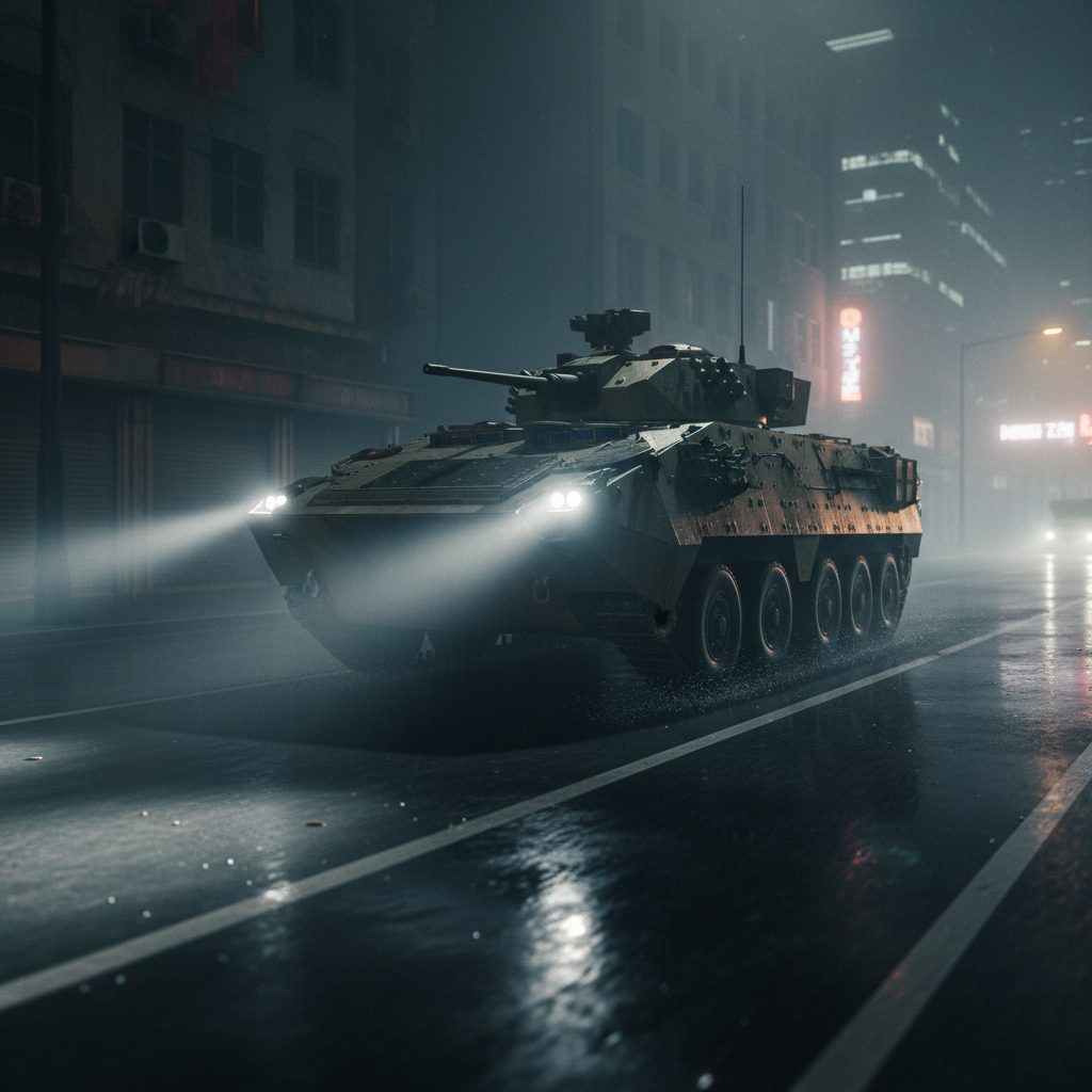 Armored vehicle in motion on a dark urban road at night, low ambient light, atmospheric fog, high-contrast headlights, tense security escort scenario
