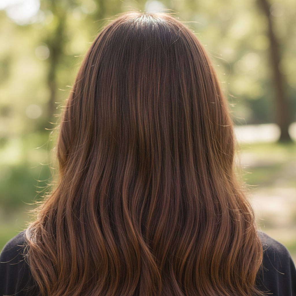 Beautiful ombré result showing warm brunette roots melting into caramel ends