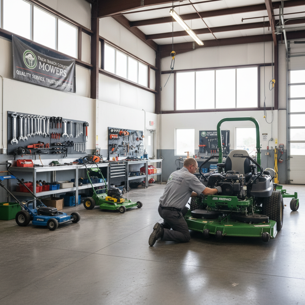 Palm Beach County Mowers service bay with equipment being serviced by certified technician, bright workshop