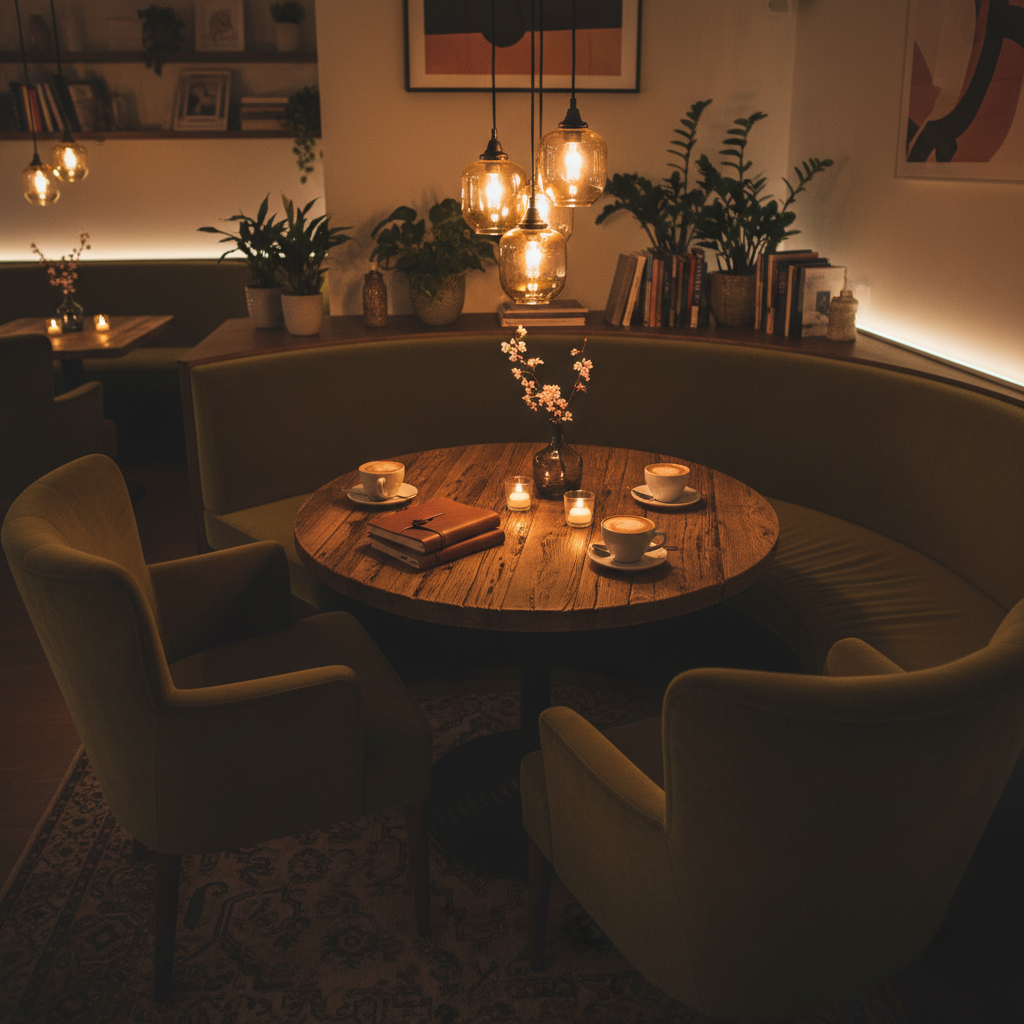 Cozy café corner with Portuguese tiles, warm lighting, and artisan coffee brewing