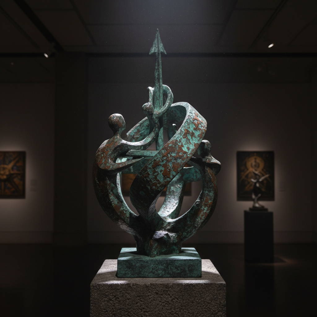 Meridian bronze sculpture lit from single overhead source showing patina detail