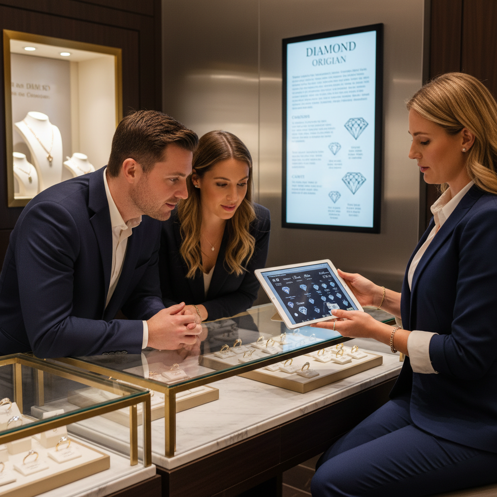Professional in a retail setting explaining products with confidence and expertise