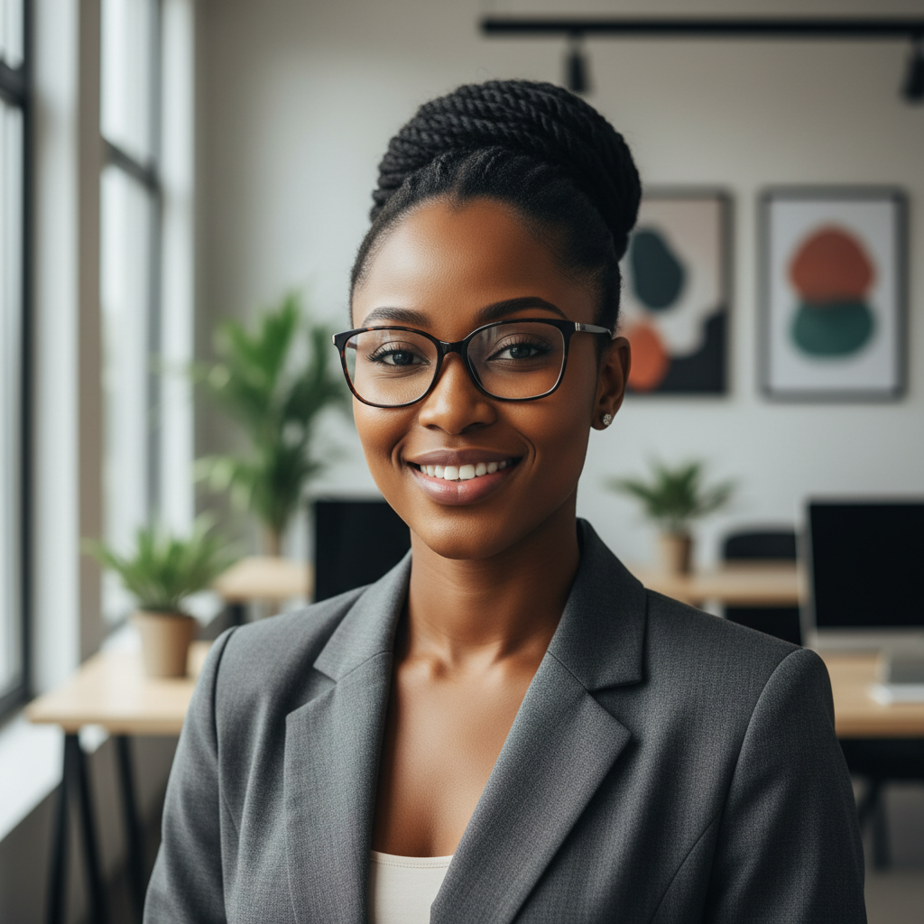 Nigerian businesswoman in elegant office attire, professional headshot, warm background