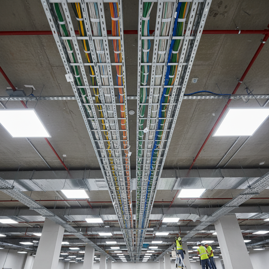 Professional structured cabling installation with organized cable trays and patch panels