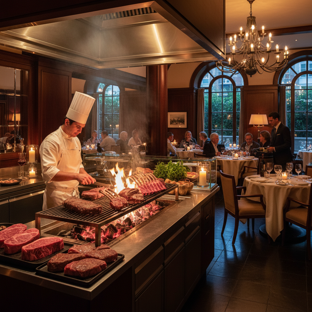 Carne nobre assando na brasa com chamas alaranjadas e fumaça suave em churrasqueira profissional, ambiente escuro e cinematográfico