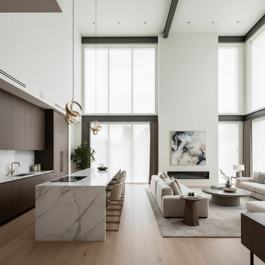 Bright open concept luxury home interior with vaulted ceilings, open kitchen, living room, and floor-to-ceiling windows with natural light