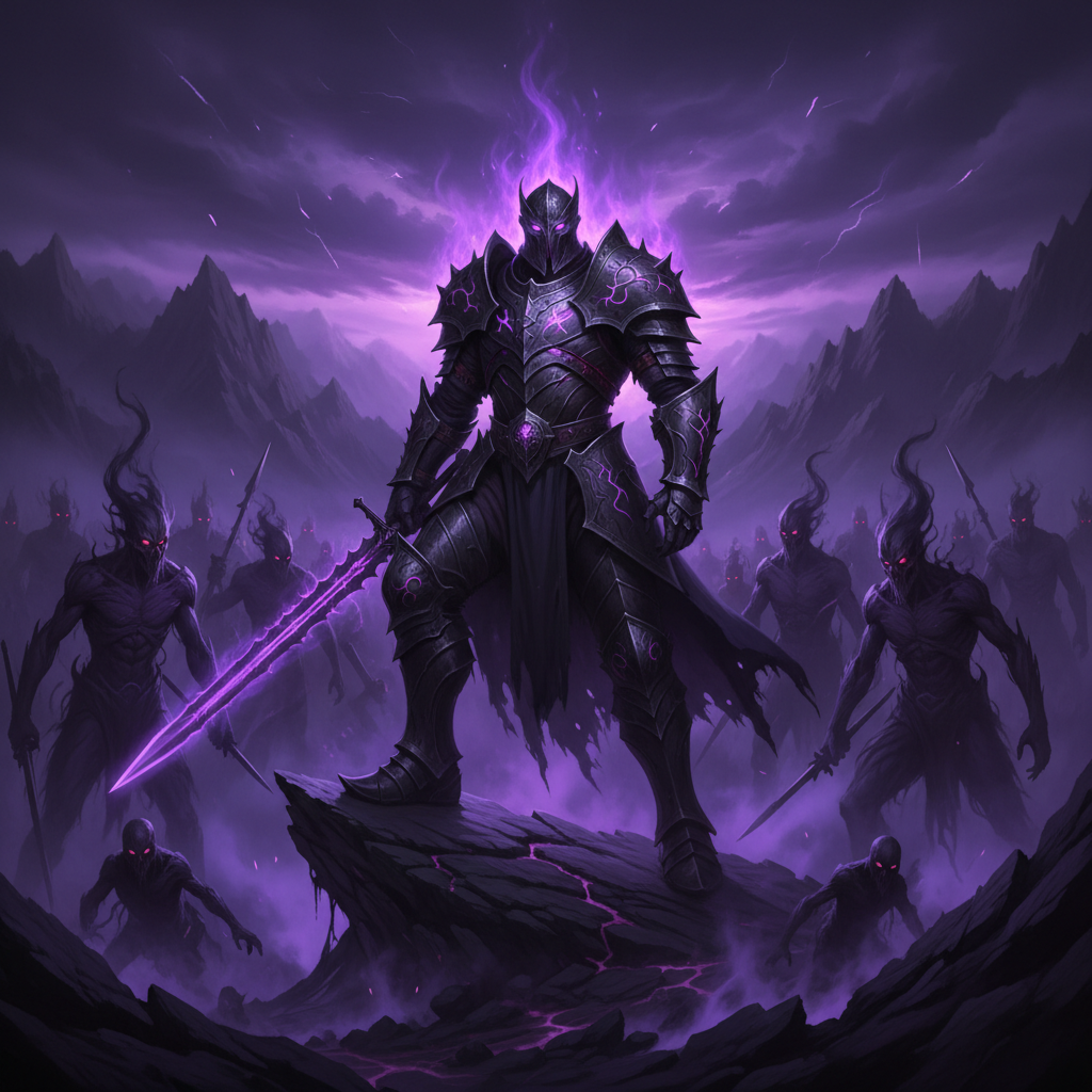 Powerful hunter surrounded by shadow soldiers with glowing blue and purple energy