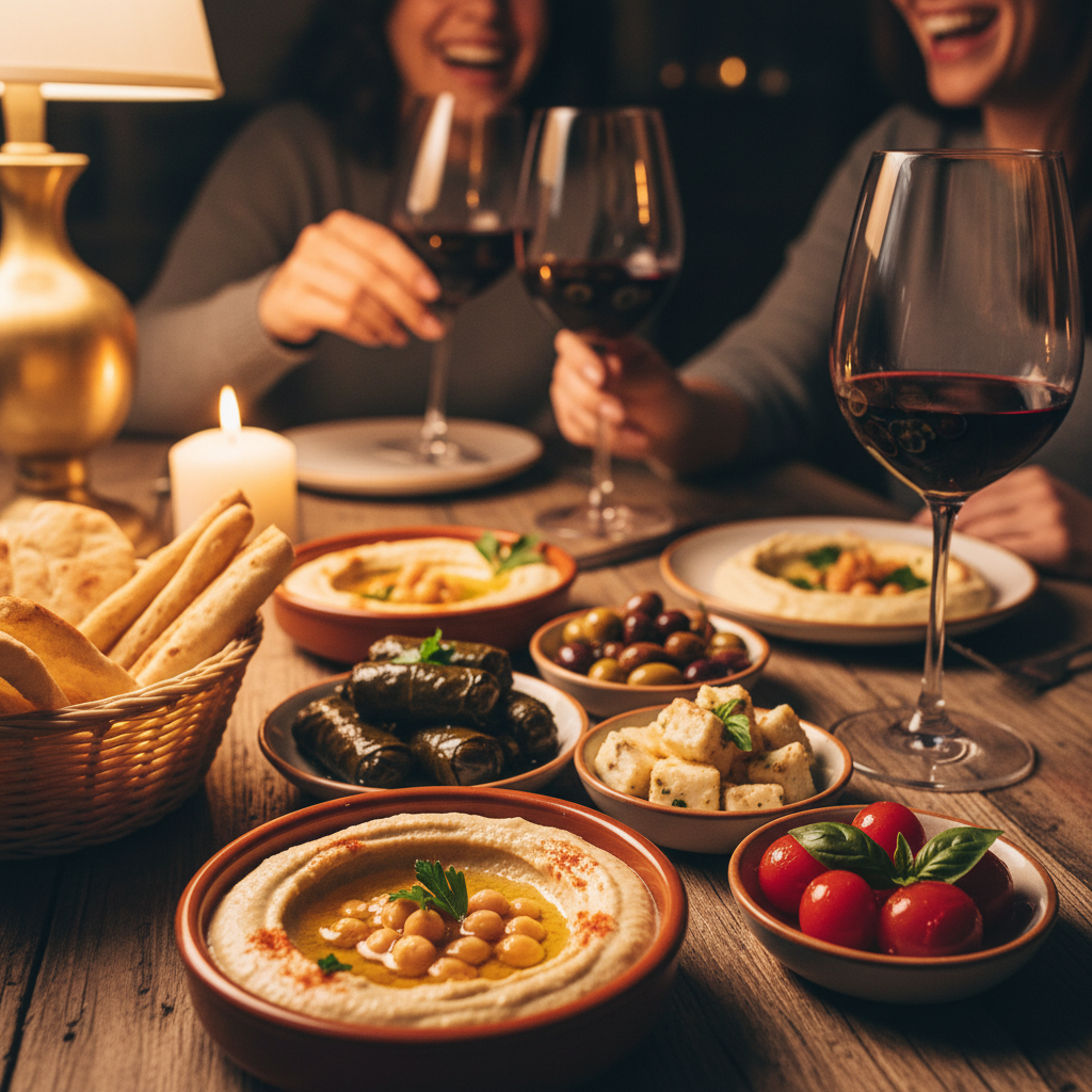 Close up of meze dishes and wine glasses at intimate dinner party
