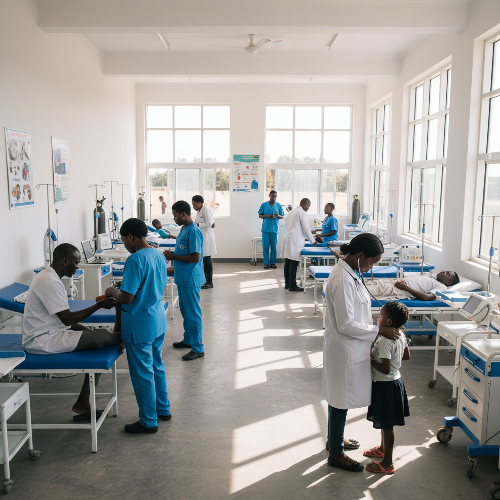 Healthcare worker in clinic with patients, bright clean medical facility interior