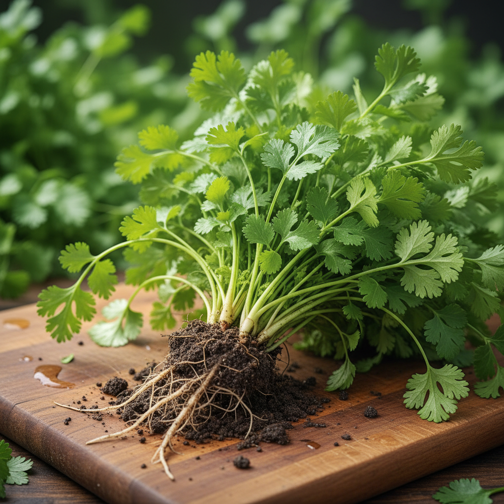 Fresh coriander leaves in a bunch, bright green, aromatic herb