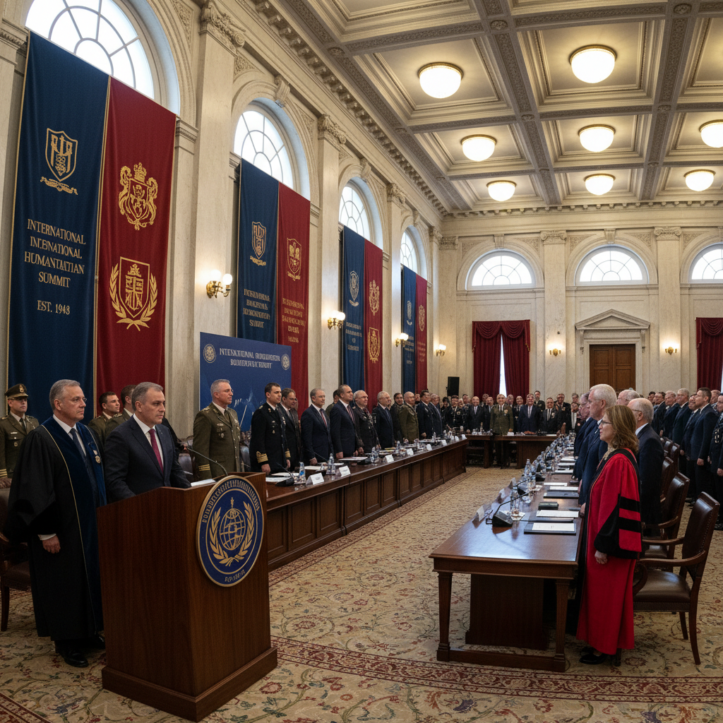 Formal inauguration ceremony with dignitaries seated on stage in an auditorium with floral arrangements and institutional banners