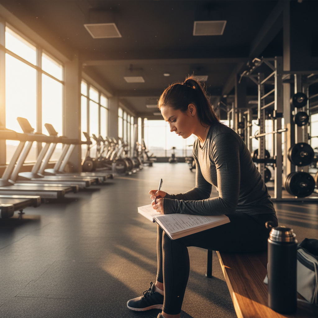Fitness coach writing in notebook at empty gym, golden hour light through windows