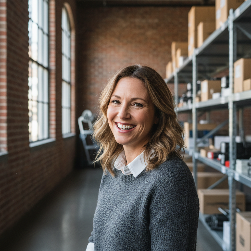 Diane Kowalczyk, a woman in her early 40s, smiling confidently in a warehouse setting