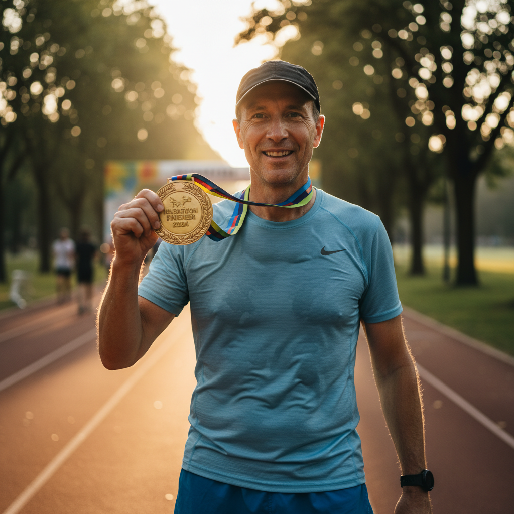 White male runner in his 40s with marathon finisher medal, outdoors in morning light