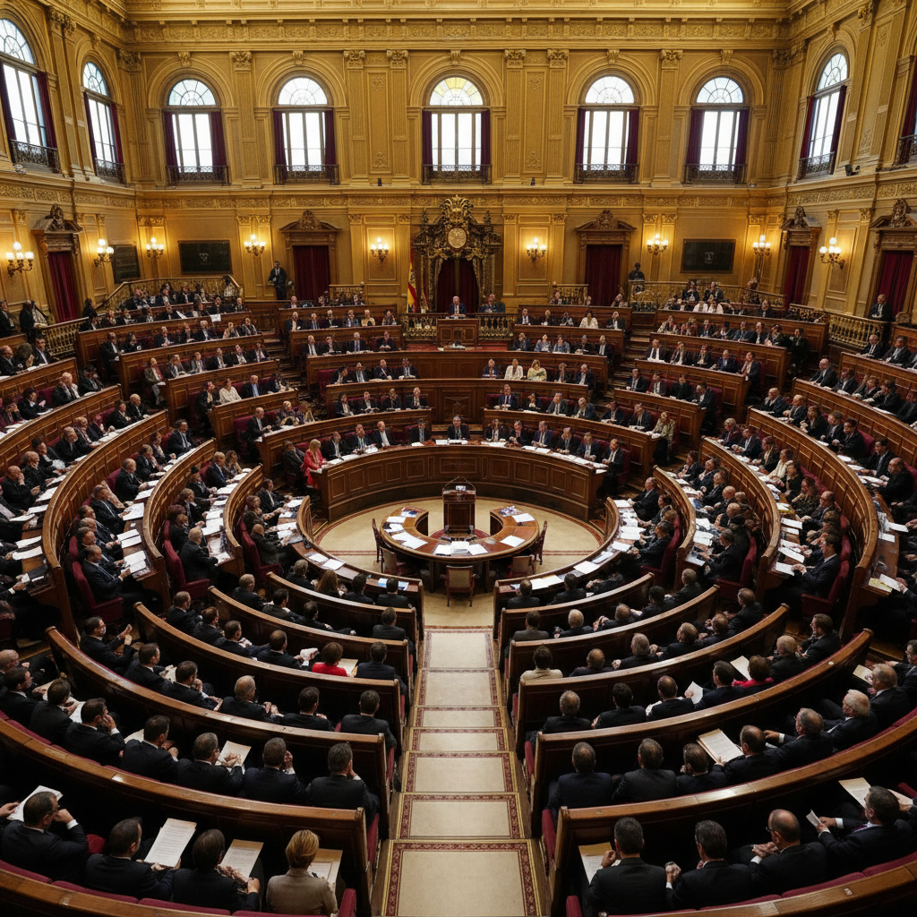 Hemiciclo del Congreso de los Diputados en sesión plenaria, escaños llenos, iluminación institucional cálida