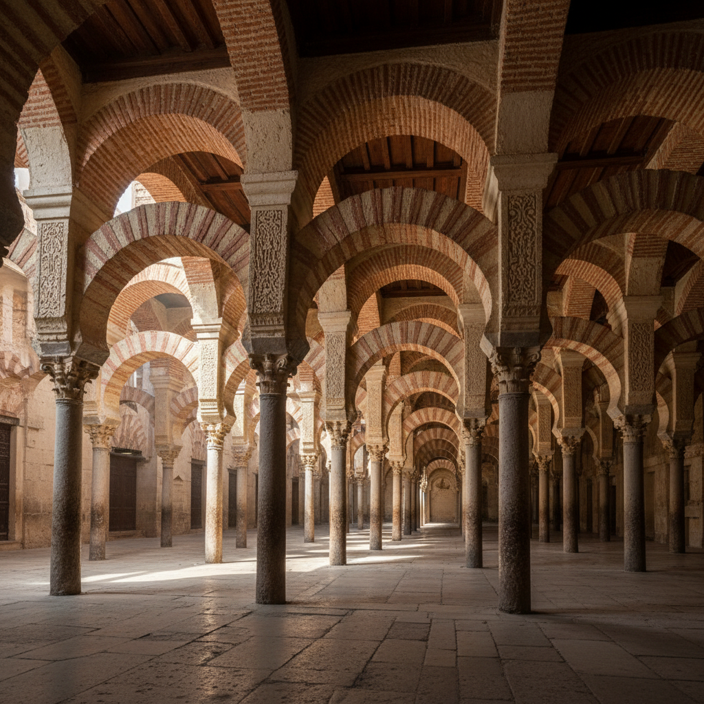 The ornate Moorish arches and columns of the Mezquita mosque in Córdoba Spain