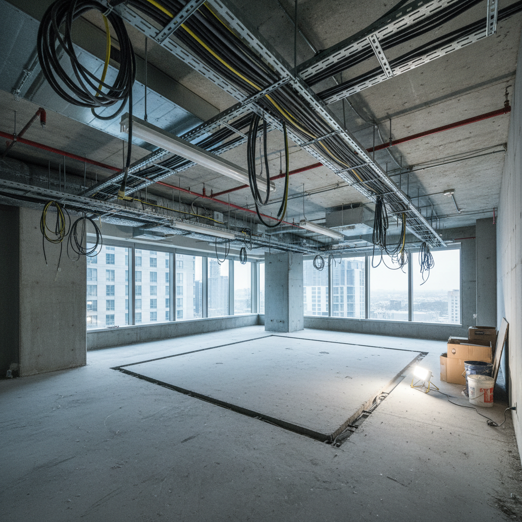 Vacant executive suite with bare concrete floors, exposed cable trays, and fluorescent lighting
