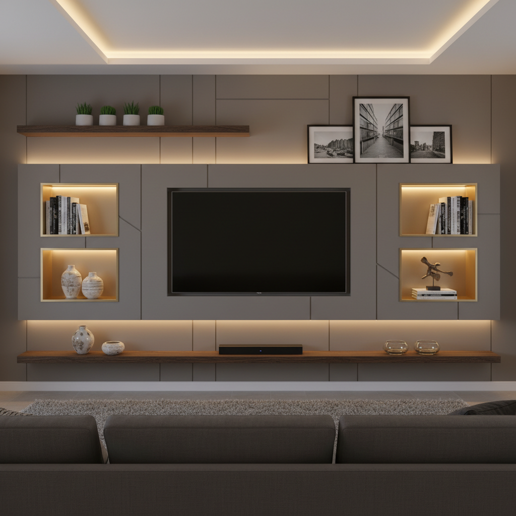 Painel de TV planejado em madeira escura com nichos e iluminação LED em sala moderna