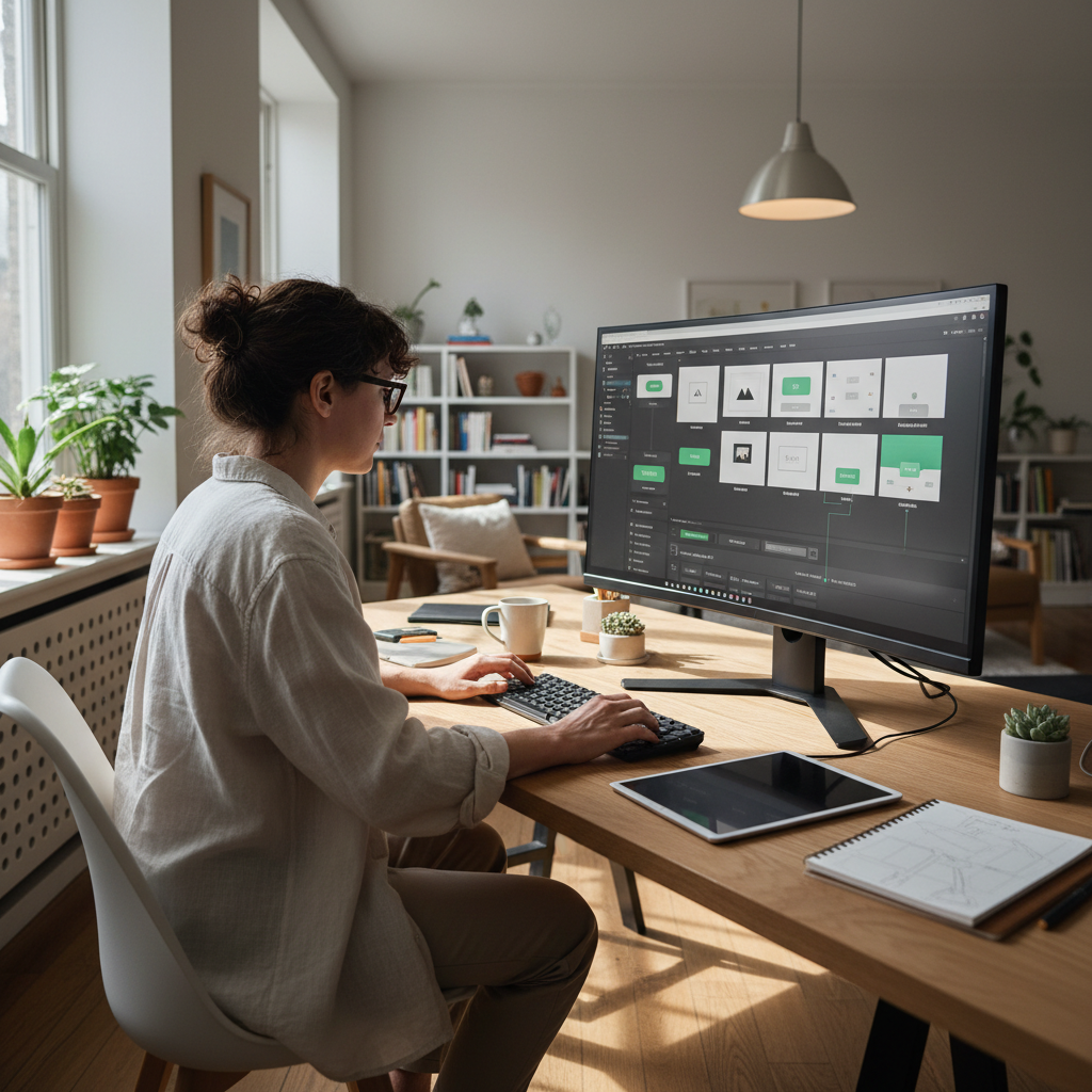 Figma design tool open on a laptop with mobile app wireframes and component library visible in bright workspace