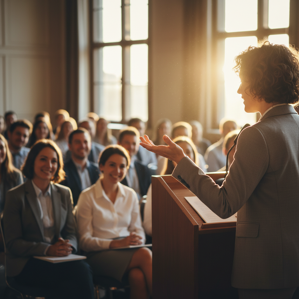 Speaker at a podium in a well-lit room, confident posture and clear expression