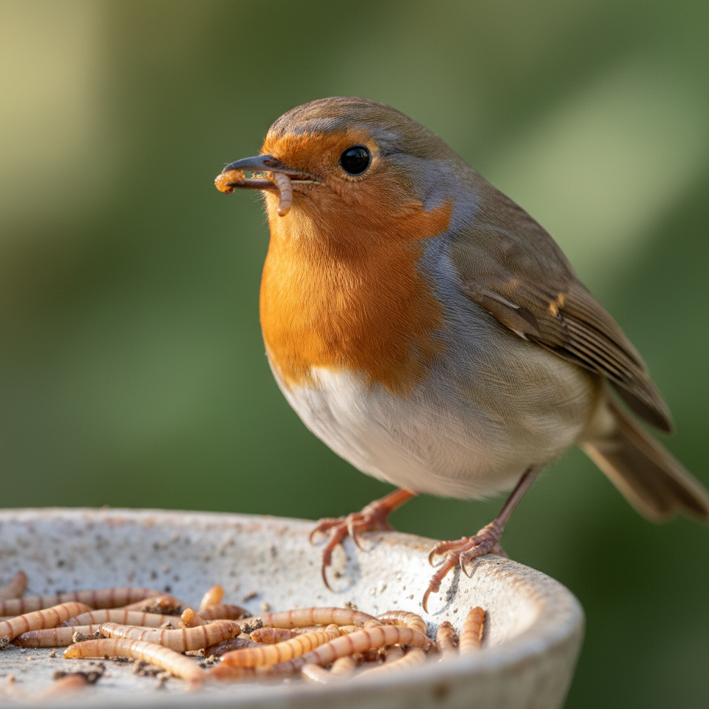 Gerald eating mealworms from a shallow dish, looking alert