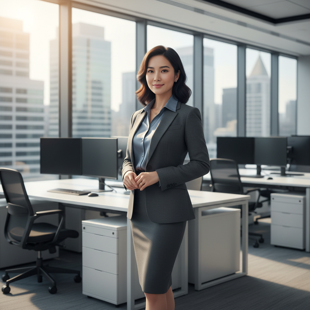 Wanita Indonesia usia 30 tahun berpenampilan profesional dengan senyum percaya diri