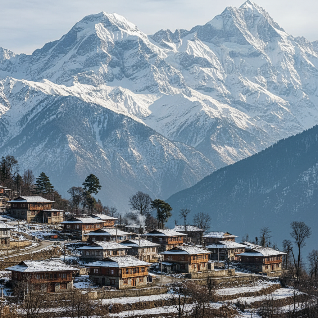 Kinnaur Valley with apple orchards terraced fields and snow-capped Kinnaur Kailash peak Himachal Pradesh