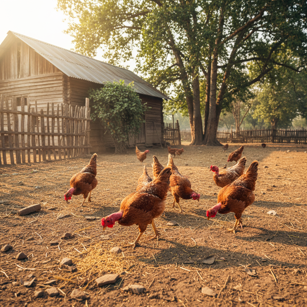 Free-range chickens in a sunny backyard farmyard, rustic wooden coop in background