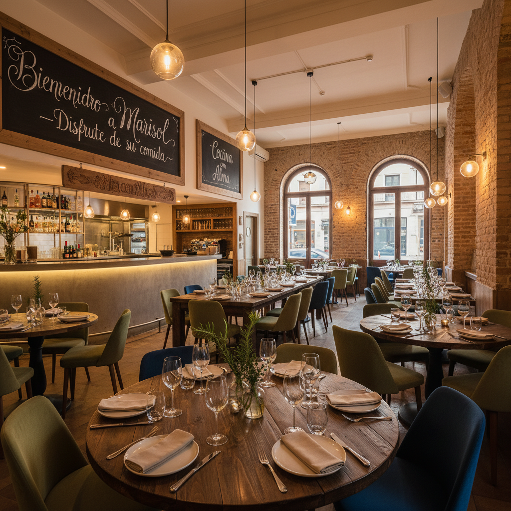 Marisol restaurant interior with warm lighting, hand-lettered signage, and refined table settings