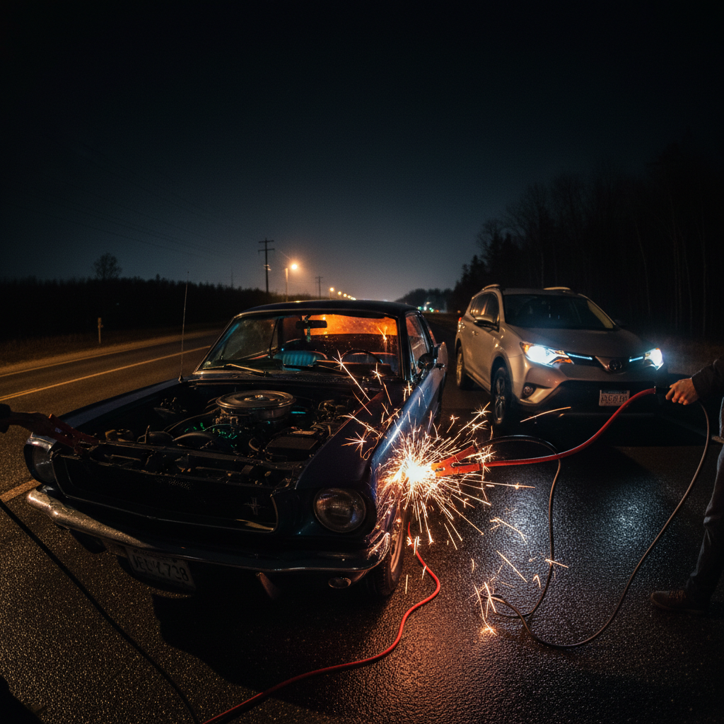 Battery jump start service at night, dark atmospheric setting