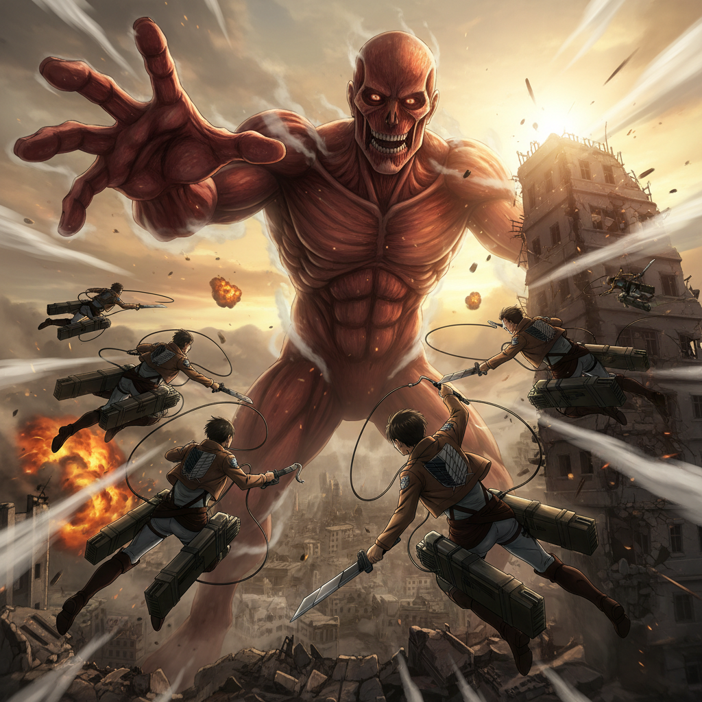 Attack on Titan final arc with colossal titan and survey corps