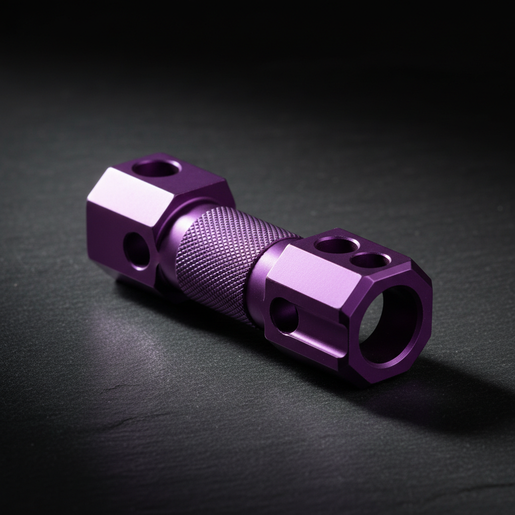 Precision-machined titanium nut tool with violet anodize finish on a clean dark surface, showing tool geometry