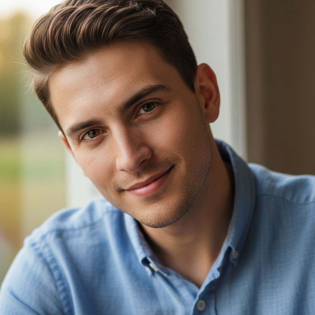 Young man with short brown hair in casual shirt with grateful expression