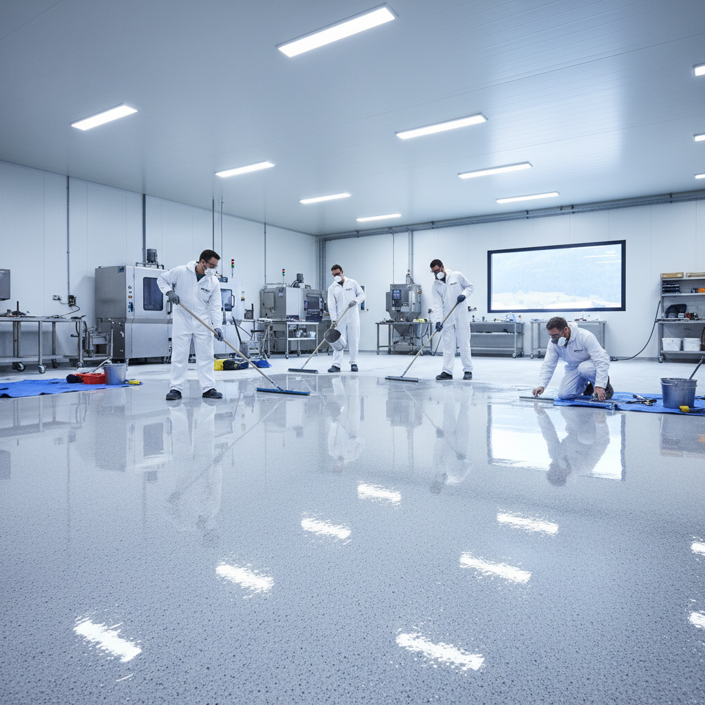 Professional epoxy flooring installer applying metallic epoxy coating in a bright industrial space, protective gear and professional tools in use