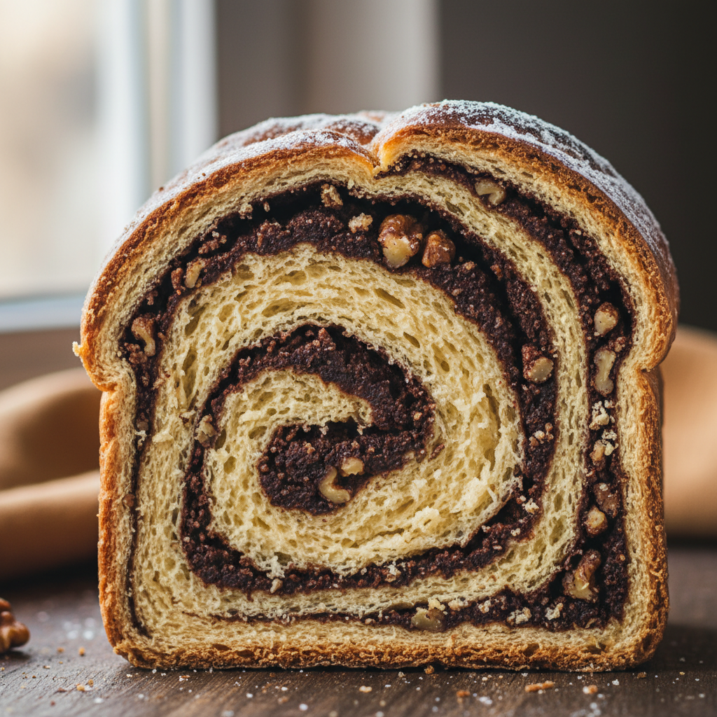 Cozonac Romanian sweet bread with walnut filling on wooden board