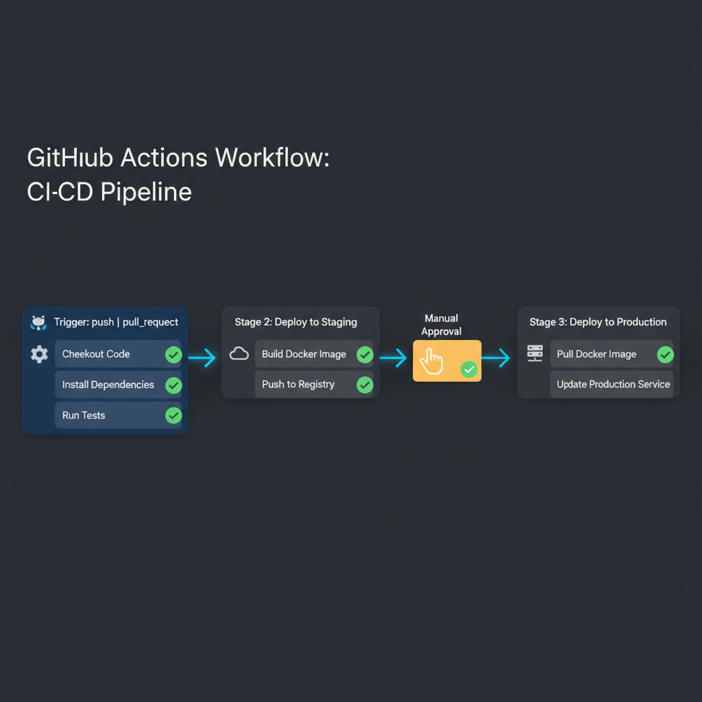 CI/CD pipeline visualization on dark background, GitHub workflow diagram, automation flow