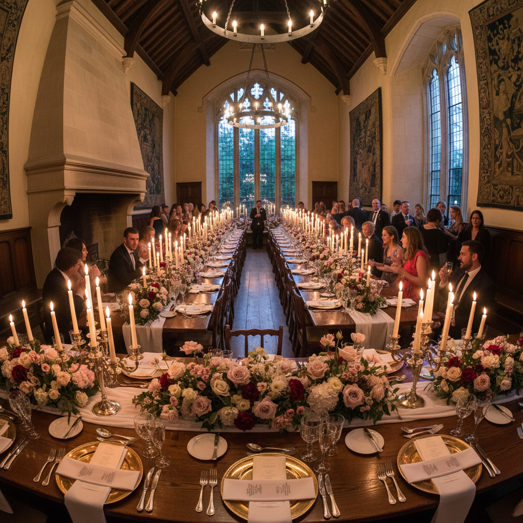 Grand banquet hall with chandeliers and round tables set for a wedding