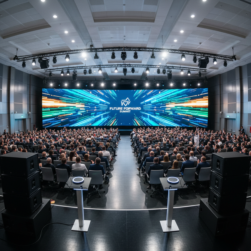Large corporate conference with professional audio equipment, bright stage lighting, audience in dark auditorium